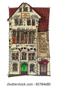 Medieval german house. Old european facade. Vintage architecture and elements. Cartoon. Caricature.