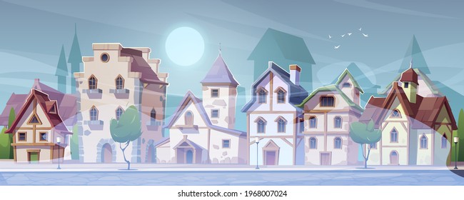 Medieval german street with half-timbered houses in white fog. Traditional european buildings in old town or village at misty weather. Vector cartoon summer landscape with fachwerk cottages and mist