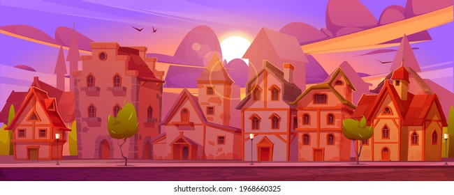 Medieval german street with half-timbered houses at sunset. Traditional european buildings in old town or village at evening. Vector cartoon landscape with fachwerk cottages and sun on purple sky