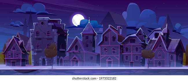 Medieval German Street With Half-timbered Houses At Night. Traditional European Buildings In Old Town In Moonlight. Vector Cartoon Landscape With Fachwerk Cottages, Moon And Stars On Dark Sky