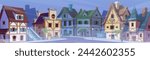 Medieval German street landscape on gloomy windy weather with fog. Cartoon evening historical cityscape with ancient houses with half-timbered facade. Buildings with wooden fachwerk on misty pavement.