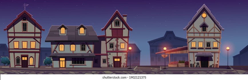 Medieval german street at night with half-timbered houses. Traditional European buildings in old town. Fachwerk cottages and grocery market cityscape with paving stone road, Cartoon vector illustration