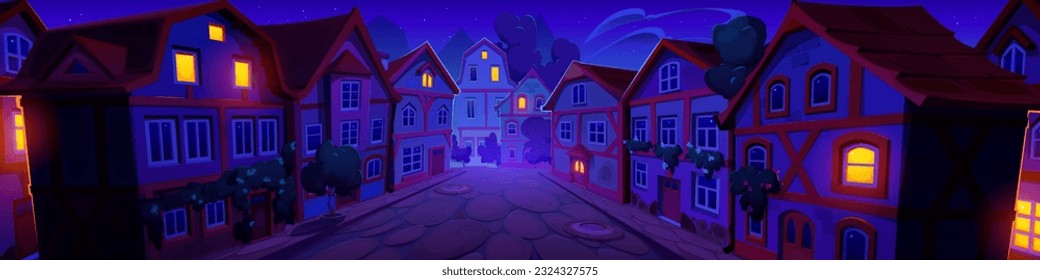 Medieval germany night town street with old house vector. European ancient building in german city cartoon cityscape. Vintage timber cottage and suburban district exterior with light in windows