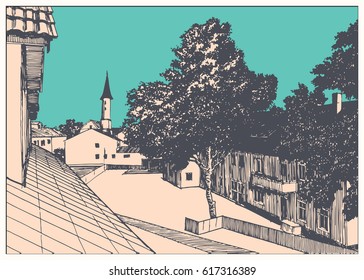 Medieval Germany street view. Black and white dashed style realistic sketch, line art, drawing with pen and ink.