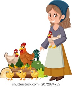 Medieval girl raising chickens on white background illustration