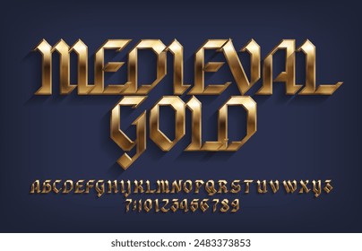 Schriftart für mittelalterliches Gold. Alte 3D-Buchstaben und Zahlen. Stock Vektorgrafik Schriftart für Ihr Design.