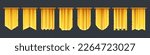 Medieval gold flags, hanging fabric banners. Old vertical yellow textile pennants, vintage golden flags isolated on transparent background, vector realistic set