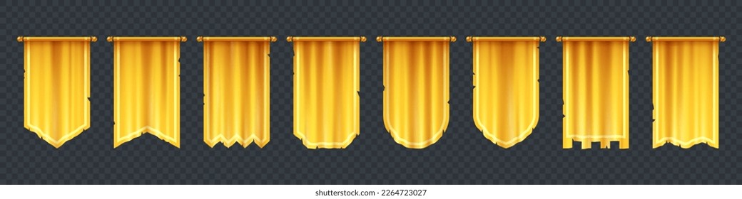 Medieval gold flags, hanging fabric banners. Old vertical yellow textile pennants, vintage golden flags isolated on transparent background, vector realistic set