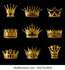 Medieval gold royal crowns collection of different shapes on black background isolated vector illustration