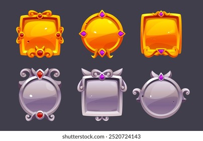 Medieval gold and silver game frames set isolated on background. Vector cartoon illustration of round, square metal buttons decorated with gemstones, medieval royal rank sign, user interface element