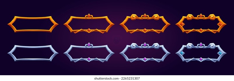 Marco de botón dorado medieval para juego de fantasía ui aislado en el fondo oscuro. Ilustración de elemento de interfaz Rpg con gem en vector. Letrero de metal real vacío en estilo oro y plata.