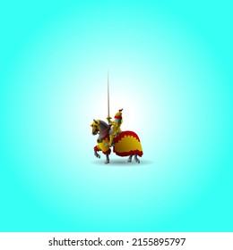 A Medieval Golden Knight Galloping On Horseback With A Long Jousting Lance. Hand Drawn Vector Illustration.