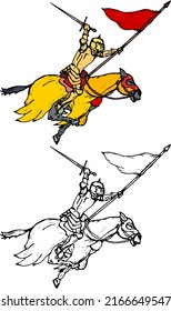 Medieval golden knight ride into battle on a warhorse holding a broadsword and flag, isolated against white. Hand drawn vector illustration.