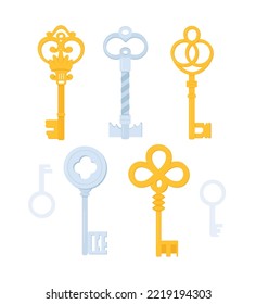 Mittelalterliche Gold- und Silberschlüssel - flache Design-Symbole. Hochwertige, farbige Bilder von Gegenständen, die Türen, Geheimnisse und Truhen öffnen. Vintage-Schmiedeobjekte, Secure, Access und Privatsphäre