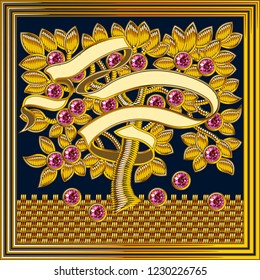 Medieval Goldwork Embroidery Vector Square Frame. Three Shape Black Background.  Ruby Stone