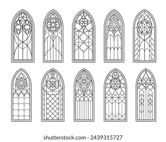 Castillo gótico medieval y ventanas de cristal de la iglesia católica. Arcos de contorno vectorial aislados siluetas negras. Marcos en arco de vitrales vintage, interior de la catedral, arquitectura tradicional europea