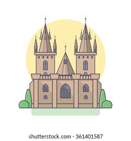 Medieval gothic castle in linear flat style. Vector isolated illustration on white background. Palace with towers, stained glass windows, columns and garden plantings.