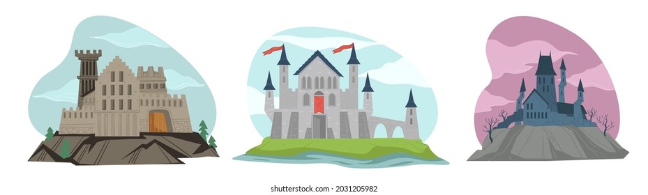 Medieval gothic castles, fantasy constructions with spikes and small windows. Landmarks or monuments, haunted house or spooky place, exteriors and dramatic architecture. Vector in flat style