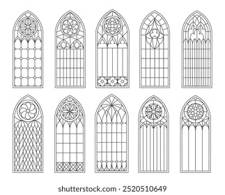 Medieval gothic church or castle glass windows and arches, vector architecture elements. Vintage gothic cathedral windows with stained glass ornaments, antique temple or church arched windows