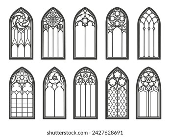 Medieval gothic church glass windows and castle arches of cathedral, vector architecture. Vintage gothic windows with stained glass pattern in arch or antique temple and Renaissance church windows