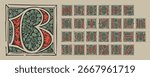 Medieval Gothic initials illuminated by foliage ornament. Engraved German drop cap. Dark age hand painted emblem. Classic Latin alphabet font based on XV century embellishment manuscript.