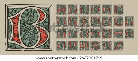Medieval Gothic initials illuminated by foliage ornament. Engraved German drop cap. Dark age hand painted emblem. Classic Latin alphabet font based on XV century embellishment manuscript.