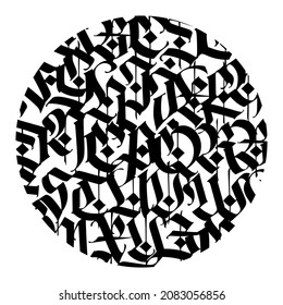 Medieval Gothic pattern. Vector. European modern gothic. Black letters in a circle on a white background. All letters are handwritten with a pen. Capital letters. Ornament for packaging and clothing.