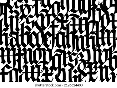 Medieval Gothic pattern. Vector. European modern gothic. Black letters on a white background. All letters are handwritten with a pen. Lower case. Ornament for packaging and clothing.