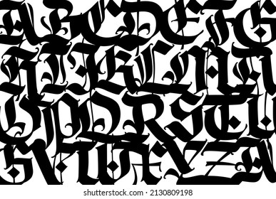 Medieval Gothic pattern. Vector. European modern gothic. Black letters on a white background. All letters are handwritten with a pen. Capital letters. Ornament for packaging and clothing.