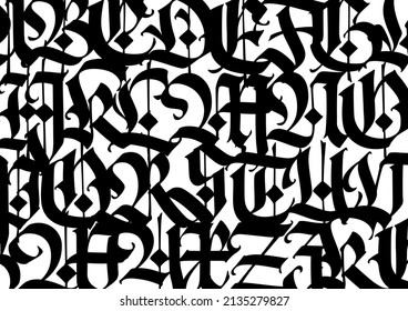 Medieval Gothic pattern. Vector. European modern gothic. Black letters on a white background. All letters are handwritten with a pen. Capital letters. Ornament for packaging and clothing.