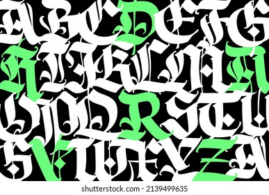 Medieval Gothic pattern. Vector. European modern gothic. White and green letters on a black background. All letters are written with a pen. Ornament for packaging and clothing.