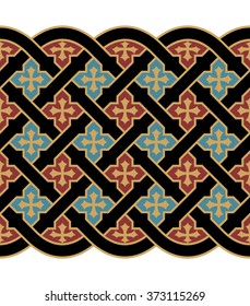 Medieval Gothic Seamless Border. Red, blue, ocher on black background
