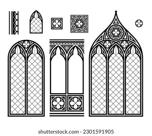 Medieval Gothic stained glass cathedral window set