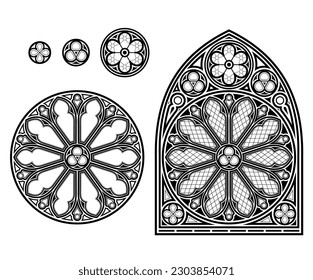 Medieval Gothic stained glass cathedral window set