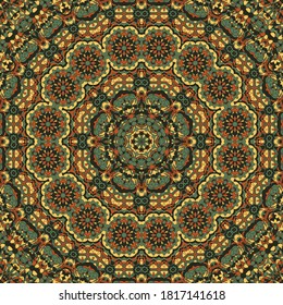 Medieval green brown red vector floral geometric seamless pattern.