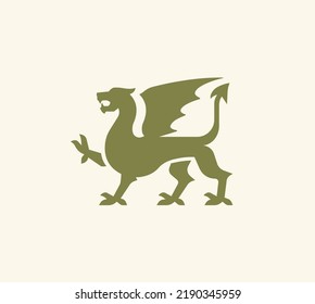 Medieval green dragon logo. Knight Dragon with wings green silhouette. Vector illustration	