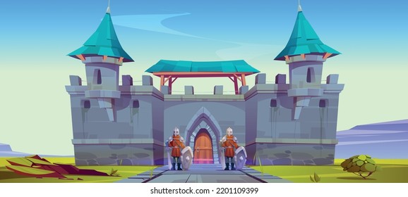 Medieval guard stand at castle gates, fairytale knights defend ancient fortress with turrets and stone walls. Fantasy magic or historical antique architecture, game scene Cartoon vector illustration
