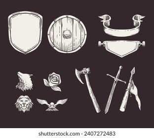 ilustración medieval de la hermandad, insignias de clan, bandera del reino, vigilia