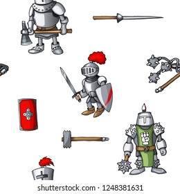 Medieval hand drawn seamless pattern, armored knights, warrior weapons isolated on white vector background