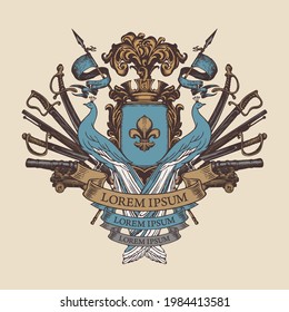 Medieval hand-drawn Coat of arms with blue peacocks, knightly shield, spears, flags, sabers, swords, cannons, crown and fleur-de-lis. Ornate vector illustration in vintage style, emblem, sign, symbol