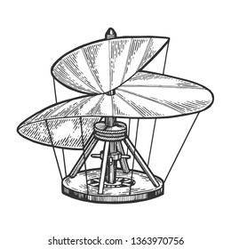 Medieval helicopter model sketch engraving vector illustration. Scratch board style imitation. Hand drawn image.