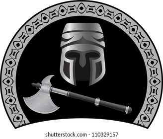 medieval helmet with axe. vector illustration