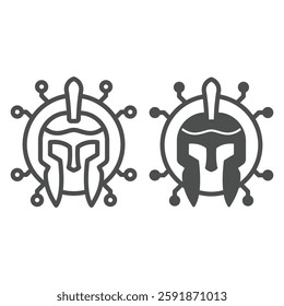 Medieval helmet with connection line and solid icon, hacker attacks concept. Vector graphics. Greek warrior hat trojan, antivirus sign on white background, outline style icon for mobile or web design