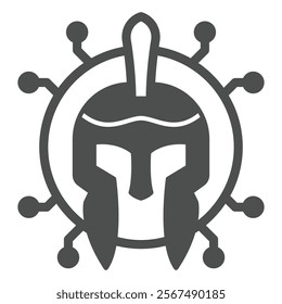 Medieval helmet with connection solid icon, hacker attacks concept. Vector graphics. Greek warrior hat trojan, antivirus sign on white background, glyph style icon for mobile or web design