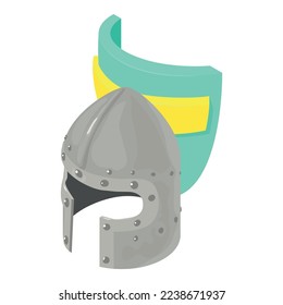 Icono de casco medieval vector isométrico. Casco de guerrero sobre el fondo del escudo. Historia, edad media, caballerosidad