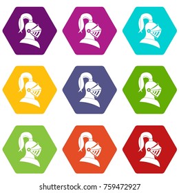 Medieval helmet icon set many color hexahedron isolated on white vector illustration