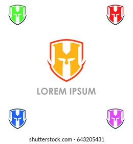 Medieval helmet knight lowercase flat logo design template. Colorful media icon. Vision Logotype concept idea.