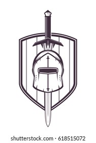 medieval helmet, sword and shield isolated on white, vector illustration