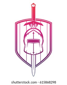 medieval helmet, sword and shield on white