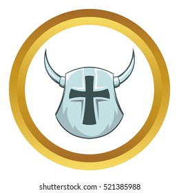 Medieval helmet vector icon in golden circle, cartoon style isolated on white background